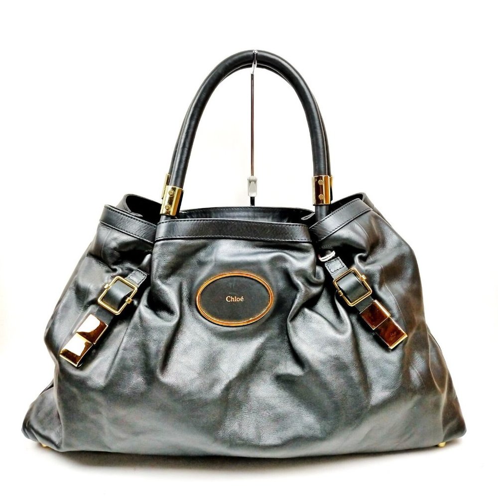 Chloe Hand Bag Shoulder Bag Black Leather Gold Accents